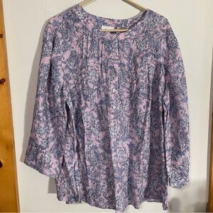 J. Jill Love Linen Pintucked Popover 100% Linen Paisley Top Misty Lilac XL